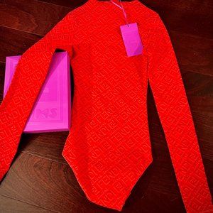 Fendi Skims Mock Neck Long Sleeve Body Suit - Red